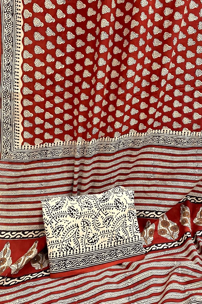 Bagru Small Butti Off Red Base With Black Keri Border Block Print Saree