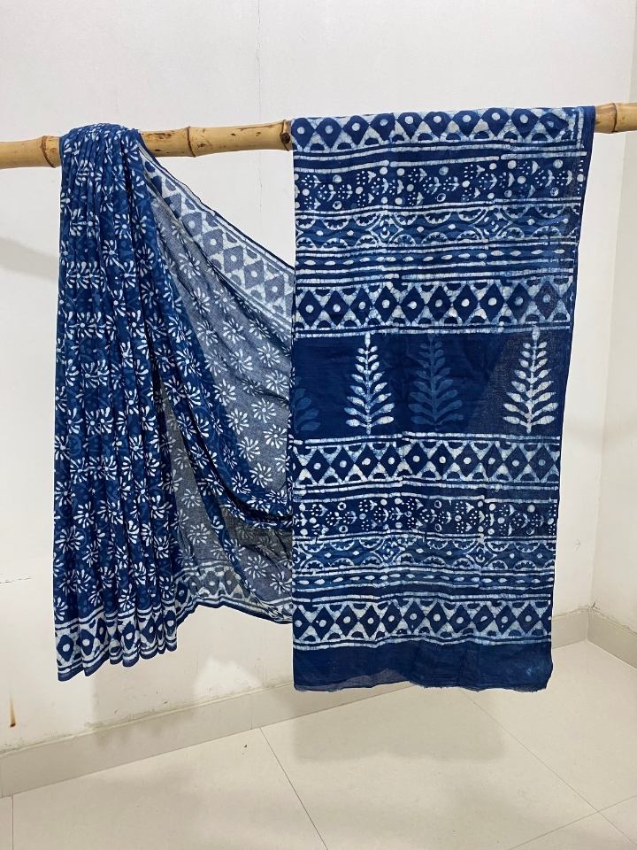 GHAD KI 2 KAAM CHOTI CHAKRI BUTTI INDIGO BASE WITH SINGLE KATLI BORDER HAND BLOCK PRINT