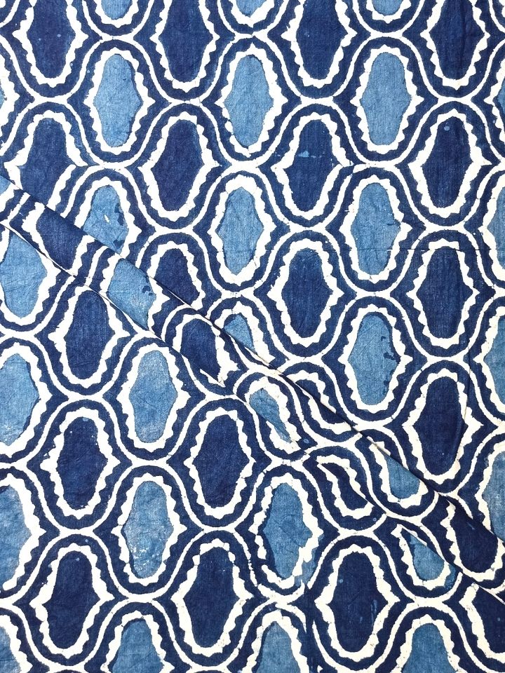 Matki Lehriya Jaal Mud Dabu Motif Indigo Base Hand Block Print Fabric