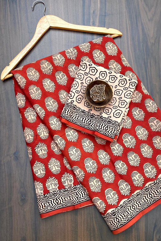 Bagru Small Flower Off Red Base With Black Colour Chokdi Jaal Border Block Print Saree