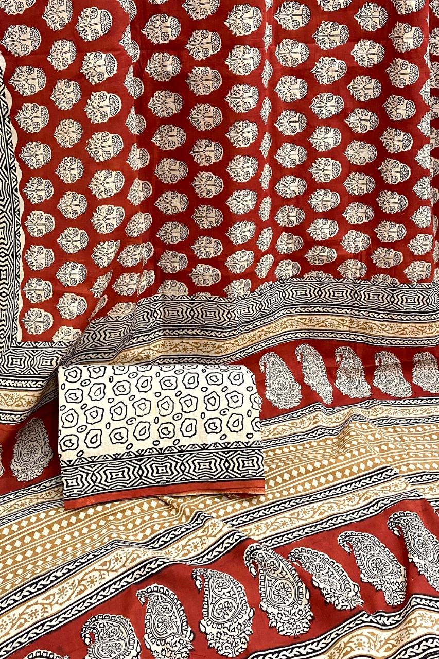 Bagru Small Flower Off Red Base With Black Colour Chokdi Jaal Border Block Print Saree