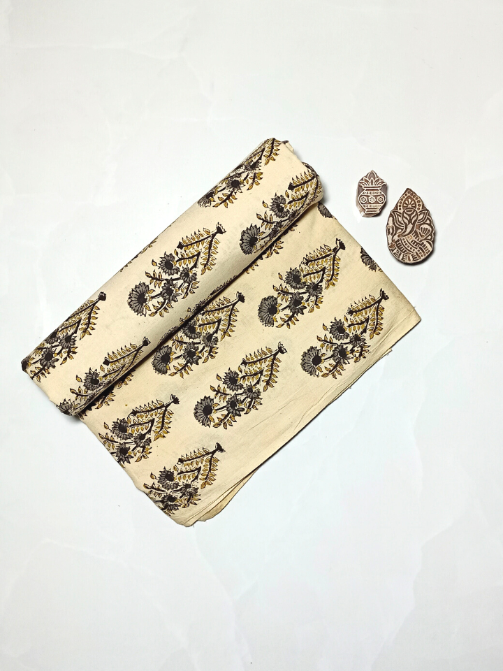 Bagru Kalamkari Floral Jaal Base Red Flower Blue And Leave Yellow Colour Hand Block Print Fabric