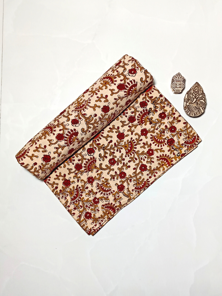 Bagru Floral Jaal 3 Kaam Base Red And Flower Yellow With Dark Grey Leave Colour Hand Block Print Fabric
