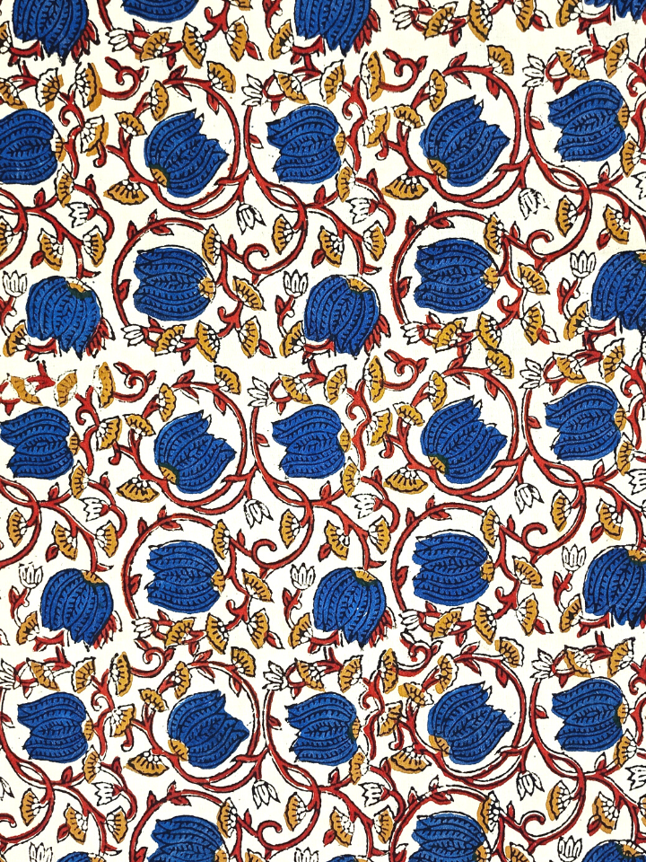 Bagru Kalamkari Blue Lotus With Red Root Jaal Print