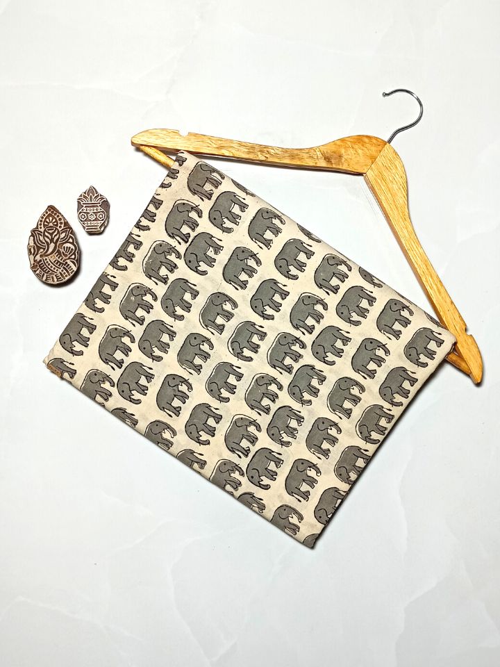 Bagru Hand Block Elephant Print Grey Color Motif Hand Block Print