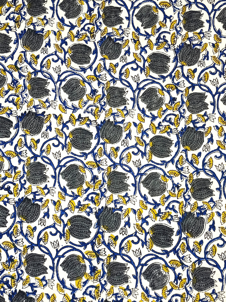 Bagru Kalamkari Grey Lotus Jaal Flower With Blue Root Print