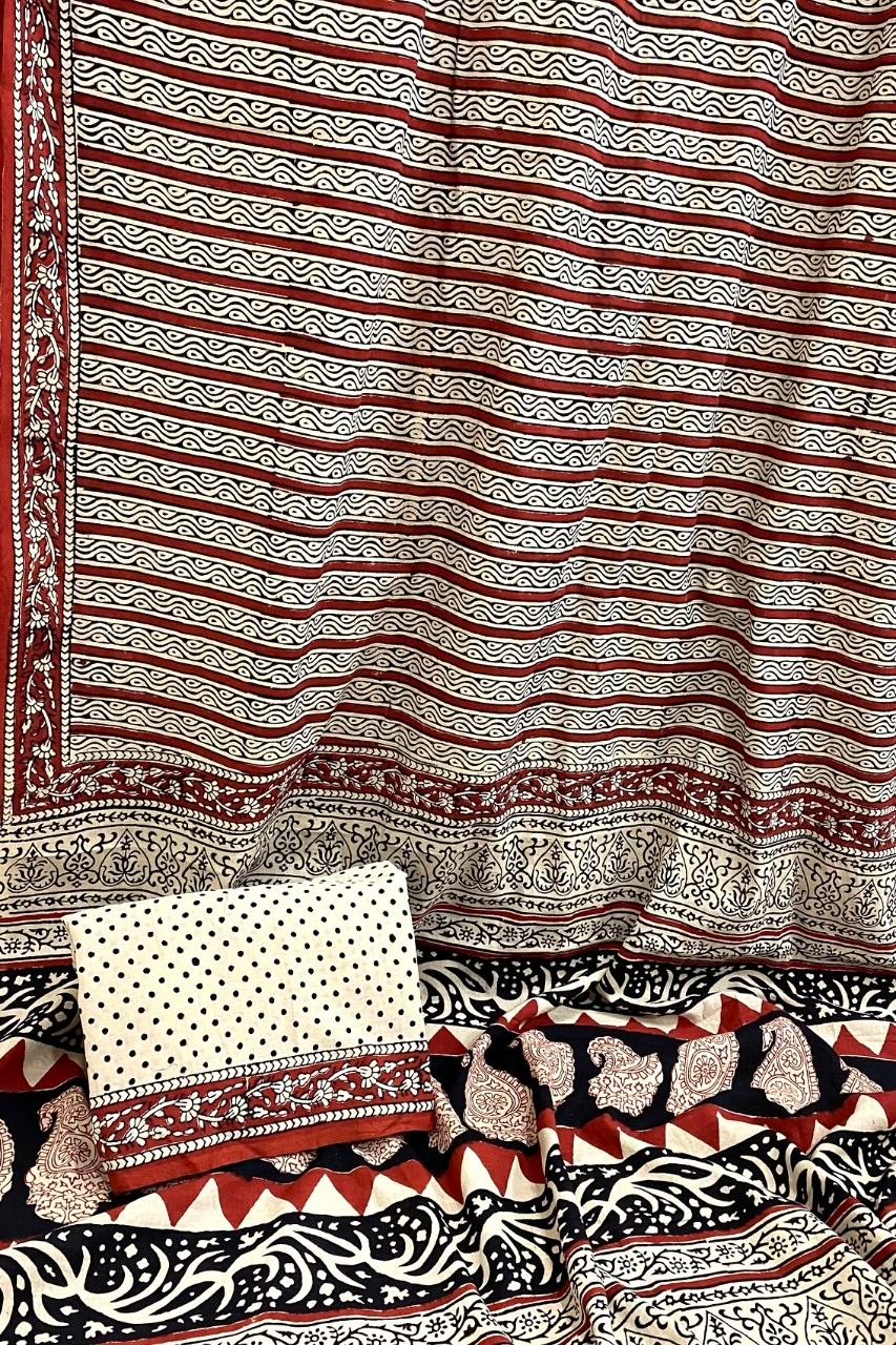 Bagru Straight Silli Off Red Base With Off White Silli Flower With Flower Jaal Border Hand Block Print Saree