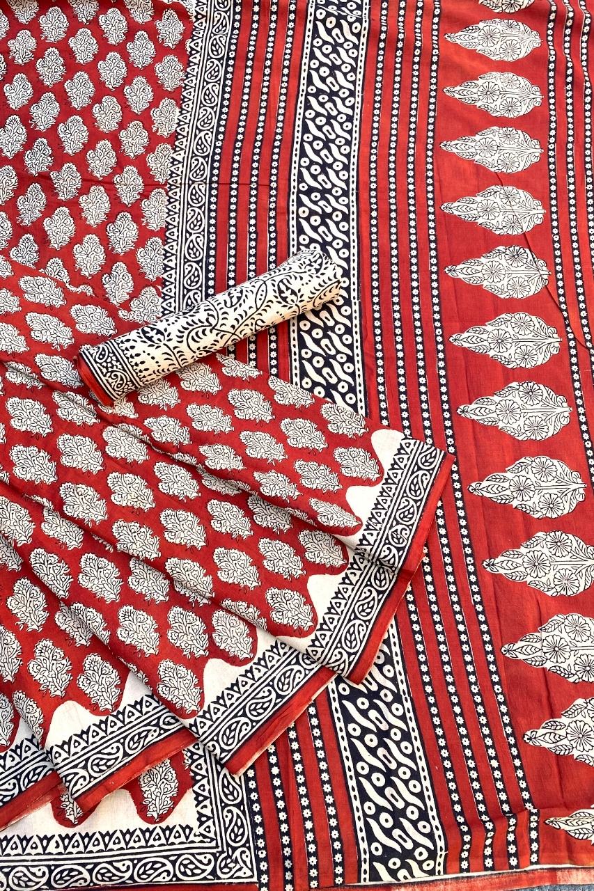 Bagru Flower Butta Off Red Base Black Flower With Small Keri Black Colour Border Hand Block Print Saree