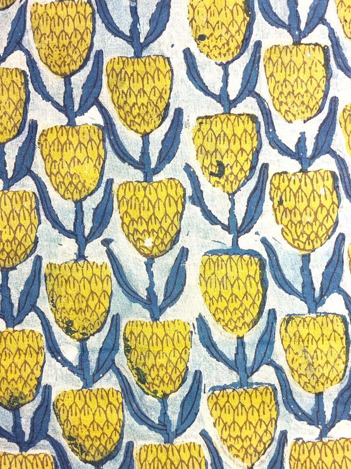 Ajrak Mustrad Yellow Flower Jaal With Indigo Leaves Print