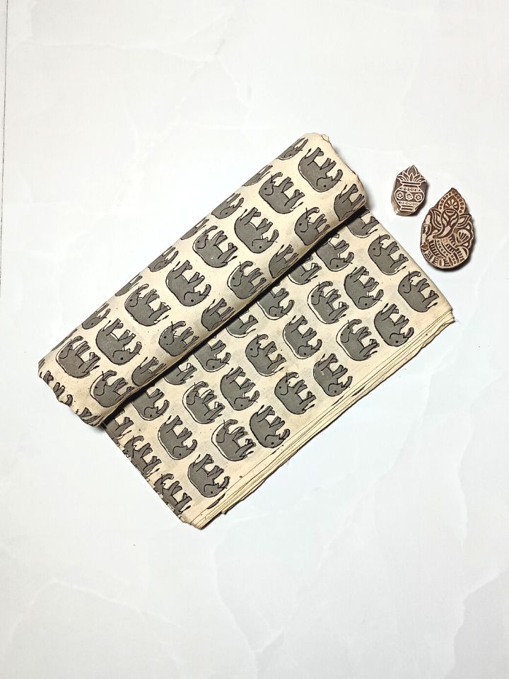 Bagru Hand Block Elephant Print Grey Color Motif Hand Block Print