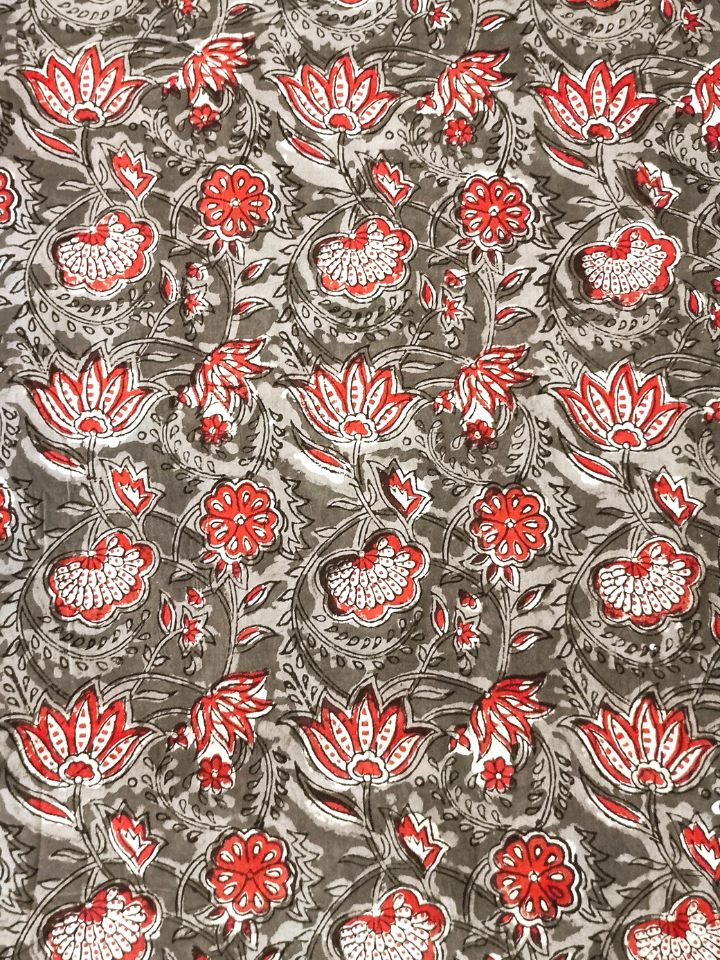 Jawtha Small Red Flower Jaal With Brown Leaves Print