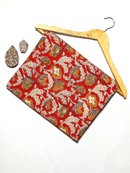Kalamkari Lotus Jaal Bagru Motif Base Red Off White Lotus And Leave Off Yellow Colour Hand Block Print