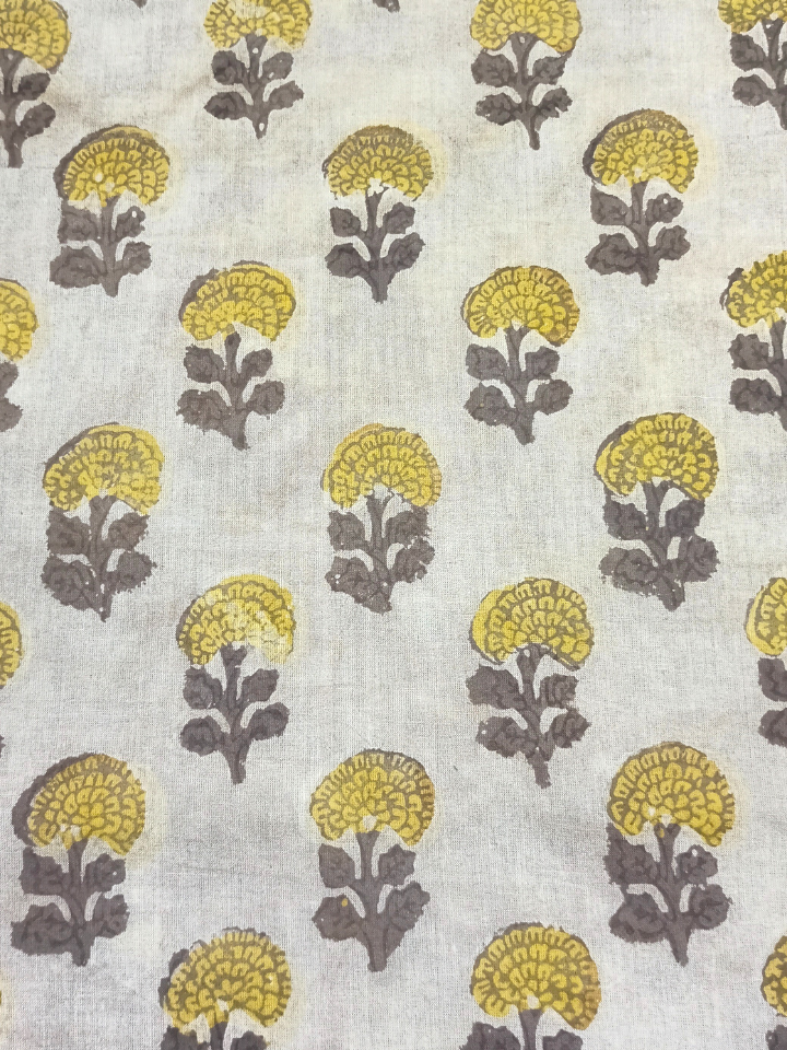 Ajrak Kashish Yellow Flower Small Butti With Brown Leaves Print