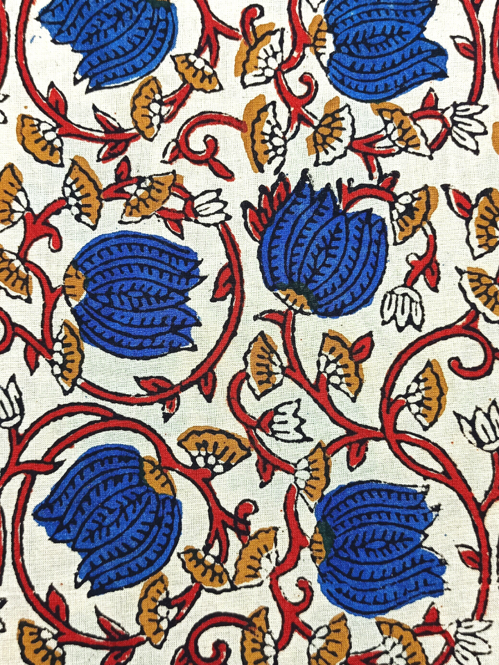Bagru Kalamkari Blue Lotus With Red Root Jaal Print