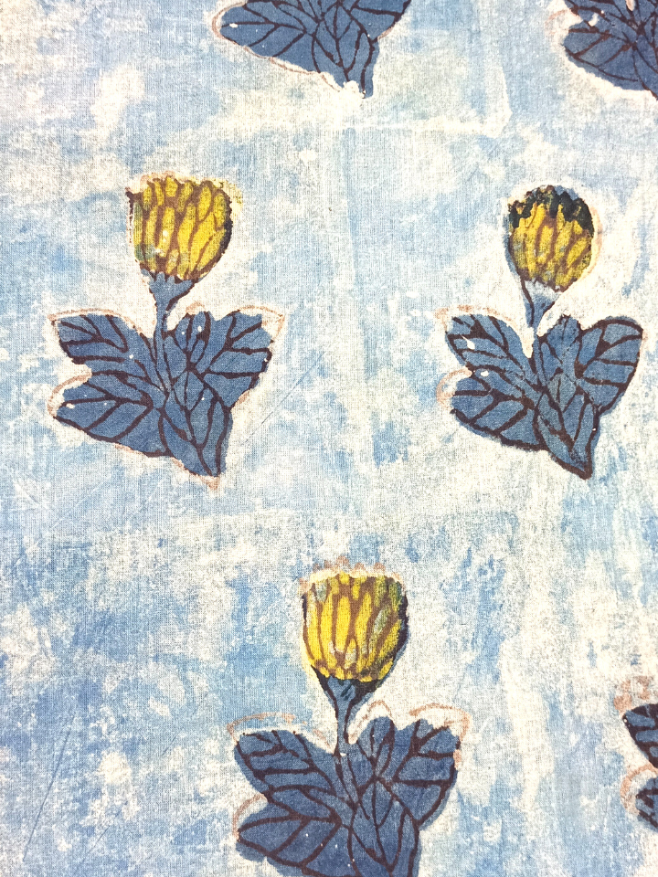 Ajrak Single Indigo Butta With Yellow Leaves Print