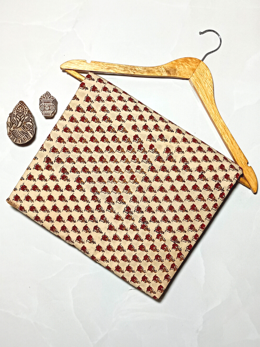 Kalamkari Flower Jaal Base Cream Flower Off Grey With Leave Yellow Colour Hand Block Bagru Print Fabric