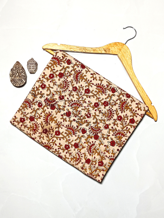 Bagru Floral Jaal 3 Kaam Base Red And Flower Yellow With Dark Grey Leave Colour Hand Block Print Fabric