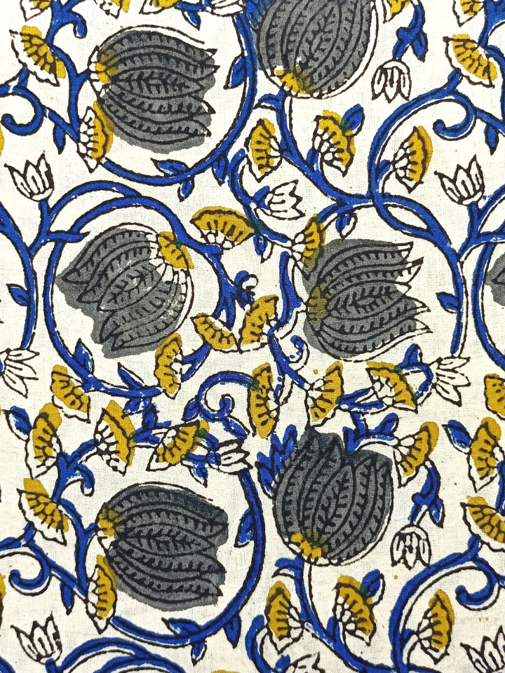 Bagru Kalamkari Grey Lotus Jaal Flower With Blue Root Print