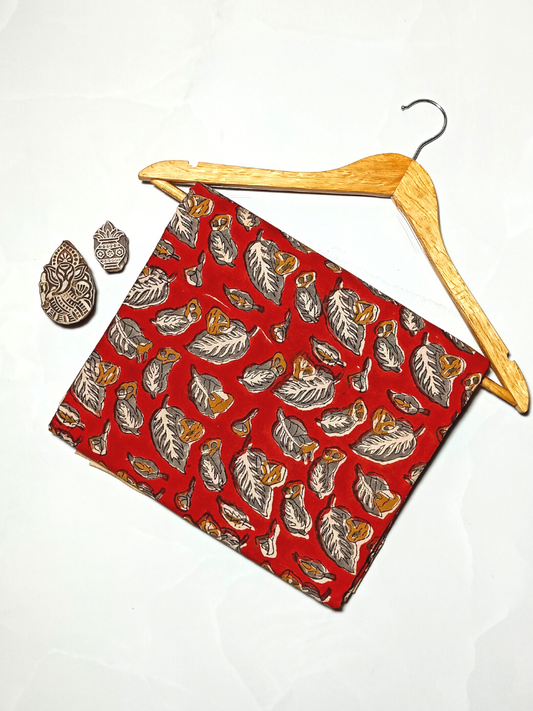 Bagru Print Leave Motif Base Red With Grey Leave Colour Block Print Fabric
