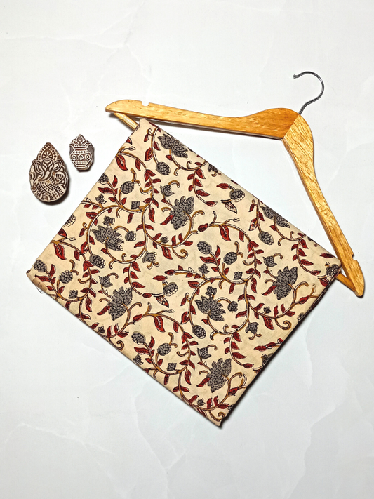 Bagru Kalamkari Flower Jaal Base Cream , Flower Grey With Red Leave Colour Block Print Fabric