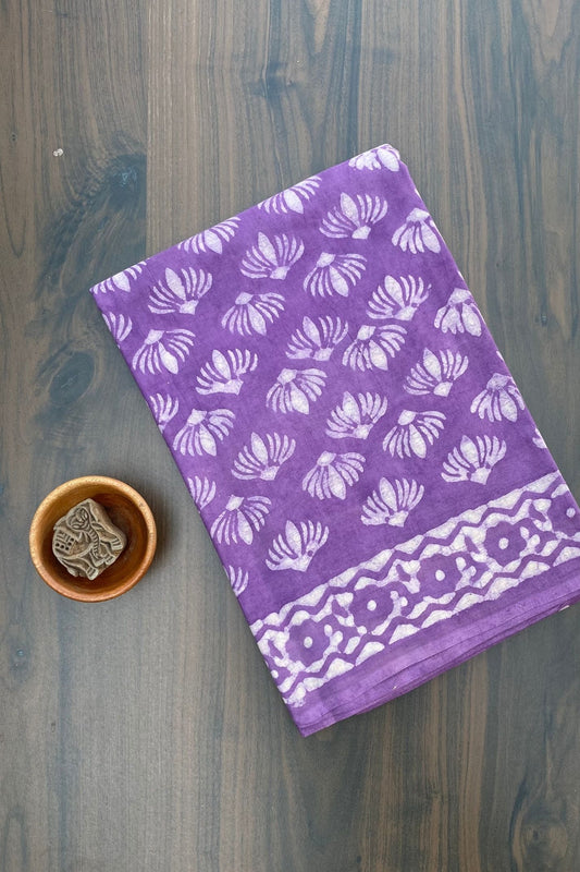 Small Butti Flower Mud Dabu off Purple Colour Hand Block Print Saree
