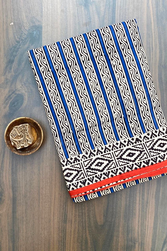 Bagru Straight Silli Off Blue Base With Black Silli Flower With Black Colour Sakpara Border Hand Block Print Saree