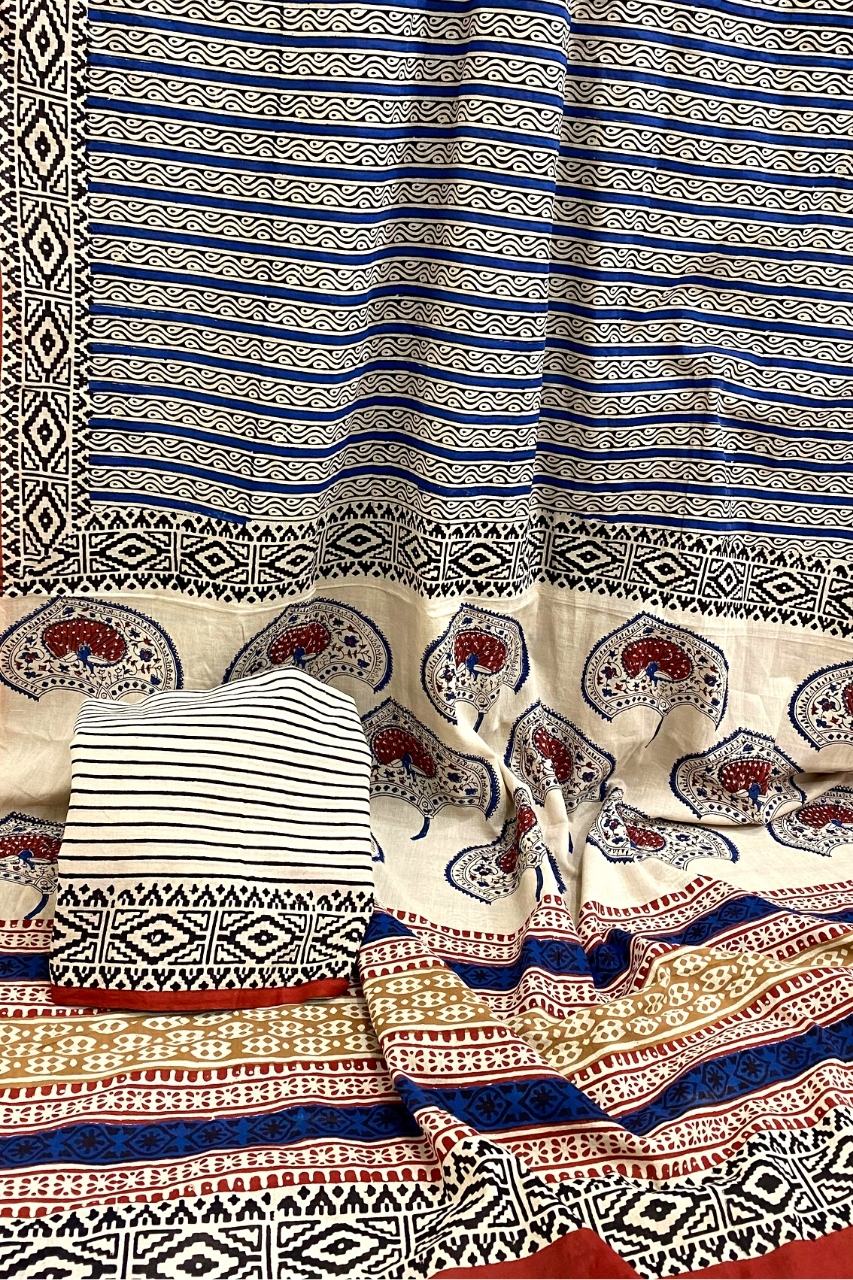 Bagru Straight Silli Off Blue Base With Black Silli Flower With Black Colour Sakpara Border Hand Block Print Saree
