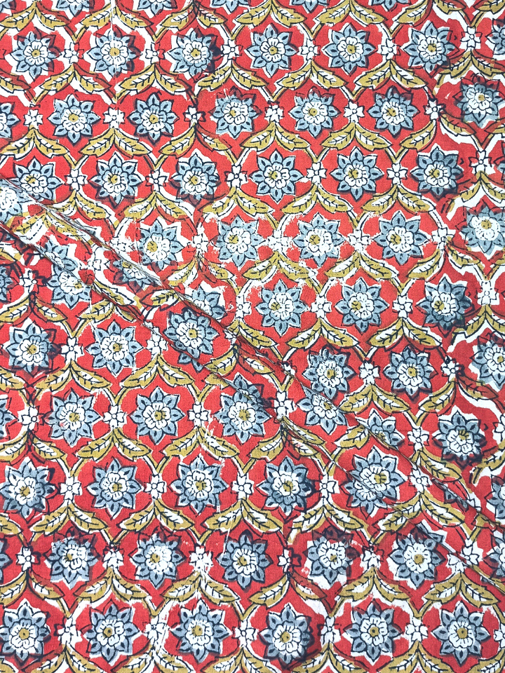 Bagru Kalamkari Grey Flower Floral With Mustrad Yellow Leave Print