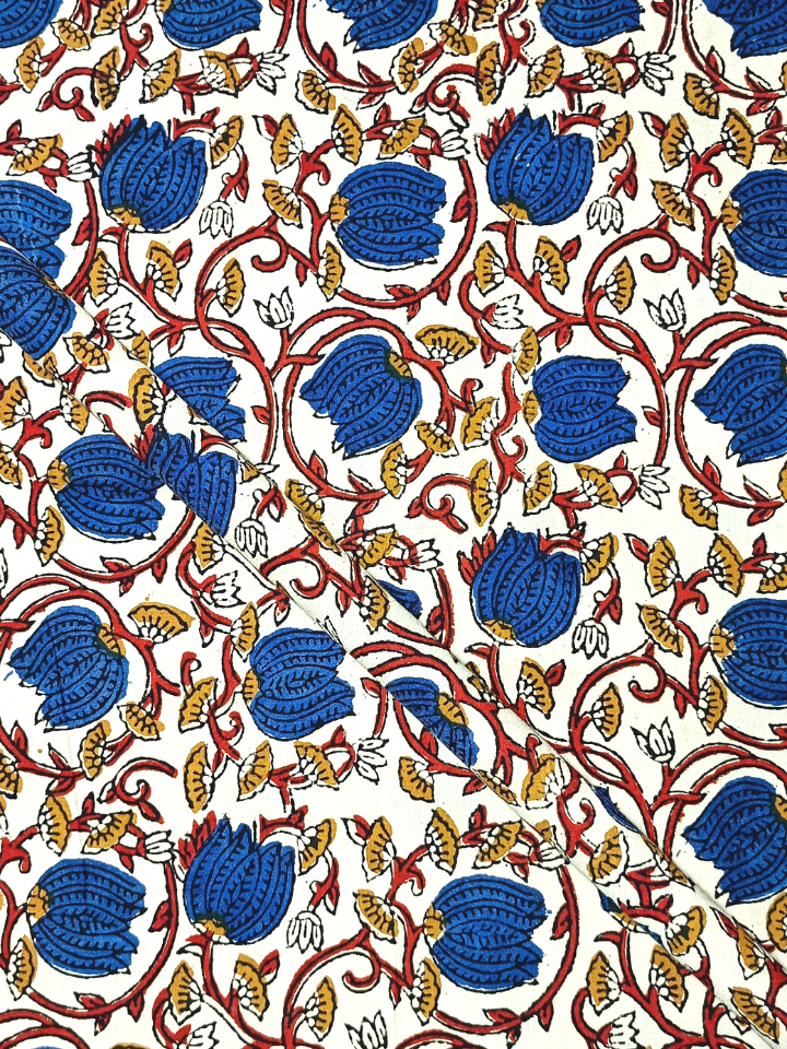 Bagru Kalamkari Blue Lotus With Red Root Jaal Print