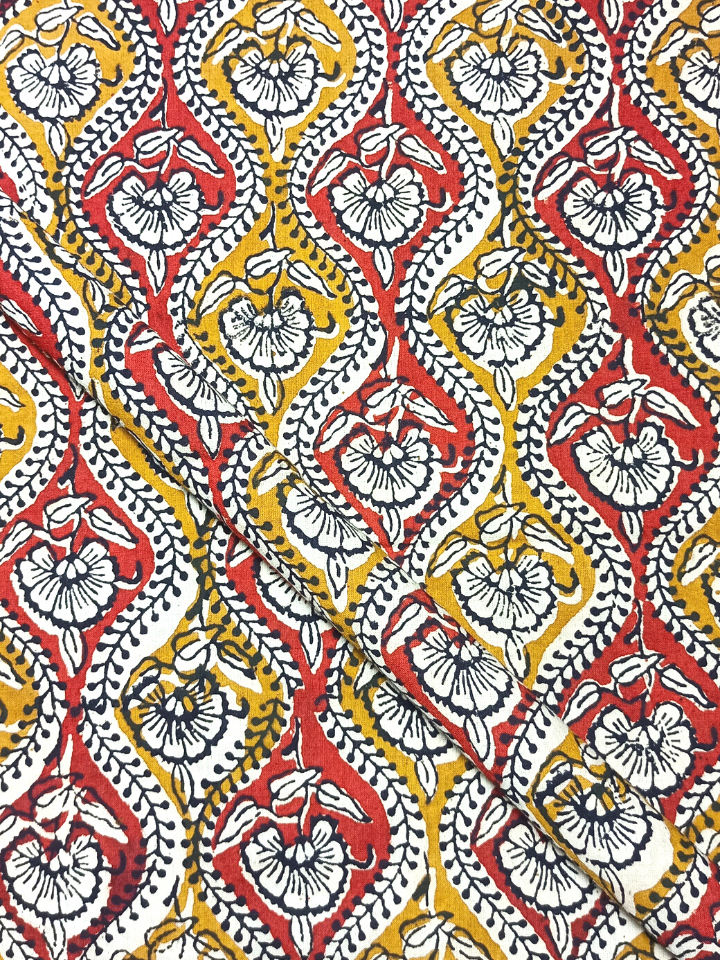 Bagru Kalamkari Red And Yellow Floral Butti Jaal Print