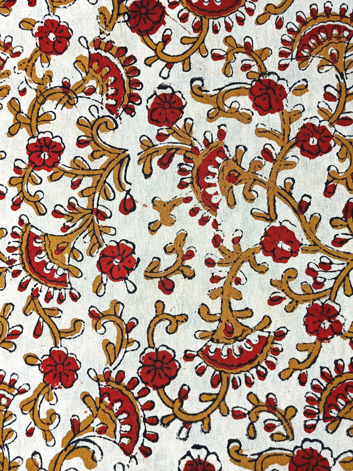 Bagru Floral Jaal 3 Kaam Base Red And Flower Yellow With Dark Grey Leave Colour Hand Block Print Fabric