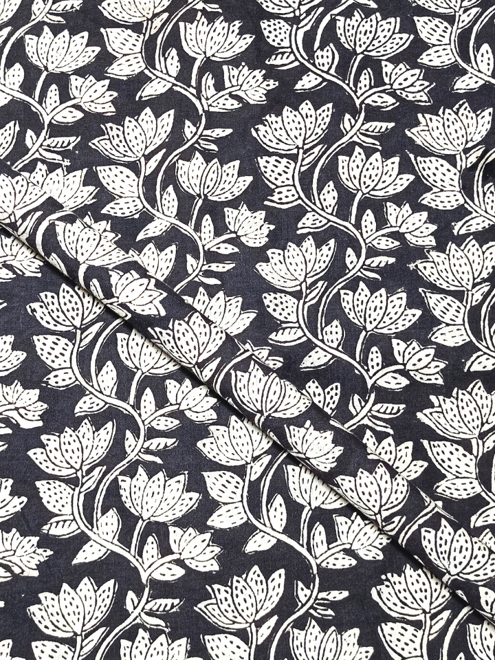 Bagru Kalamkari Black And Grey Flower Jaal Print