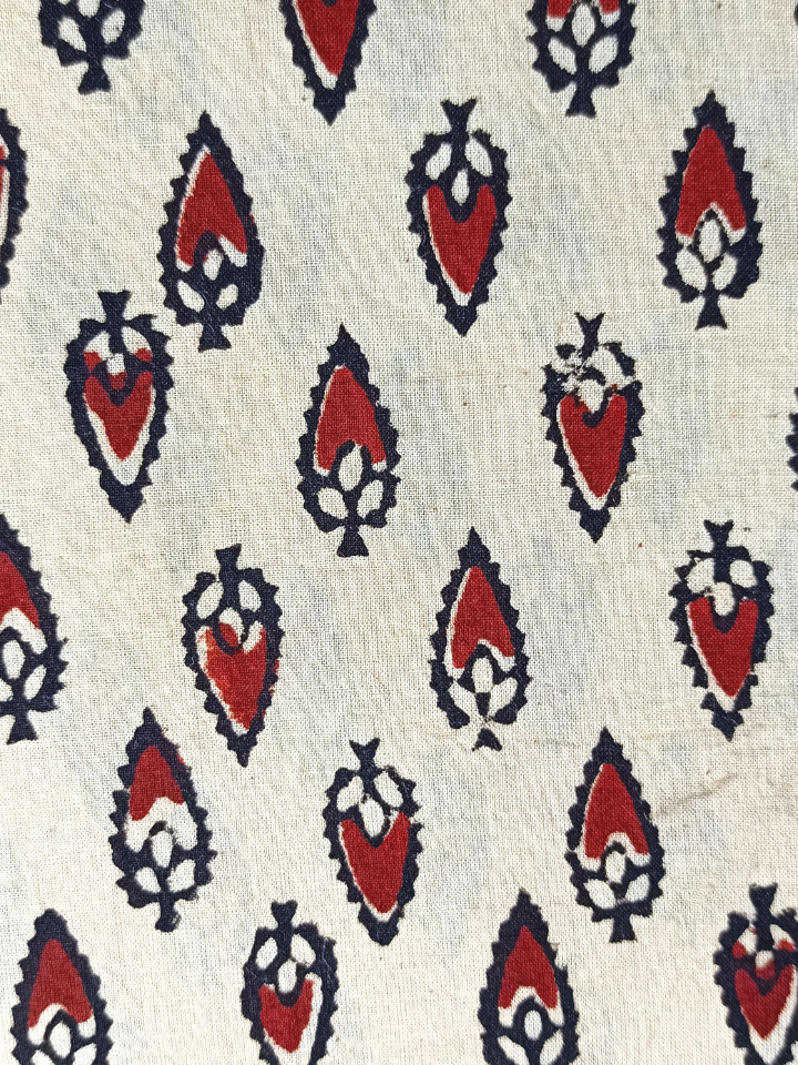 Bagru Single Motif Butta Base Cream Flower Grey And Leave Yellow Colour Hand Block Print Fabric