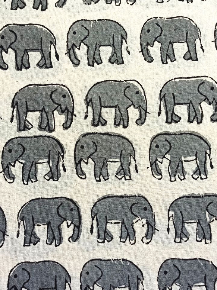 Bagru Hand Block Elephant Print Grey Color Motif Hand Block Print