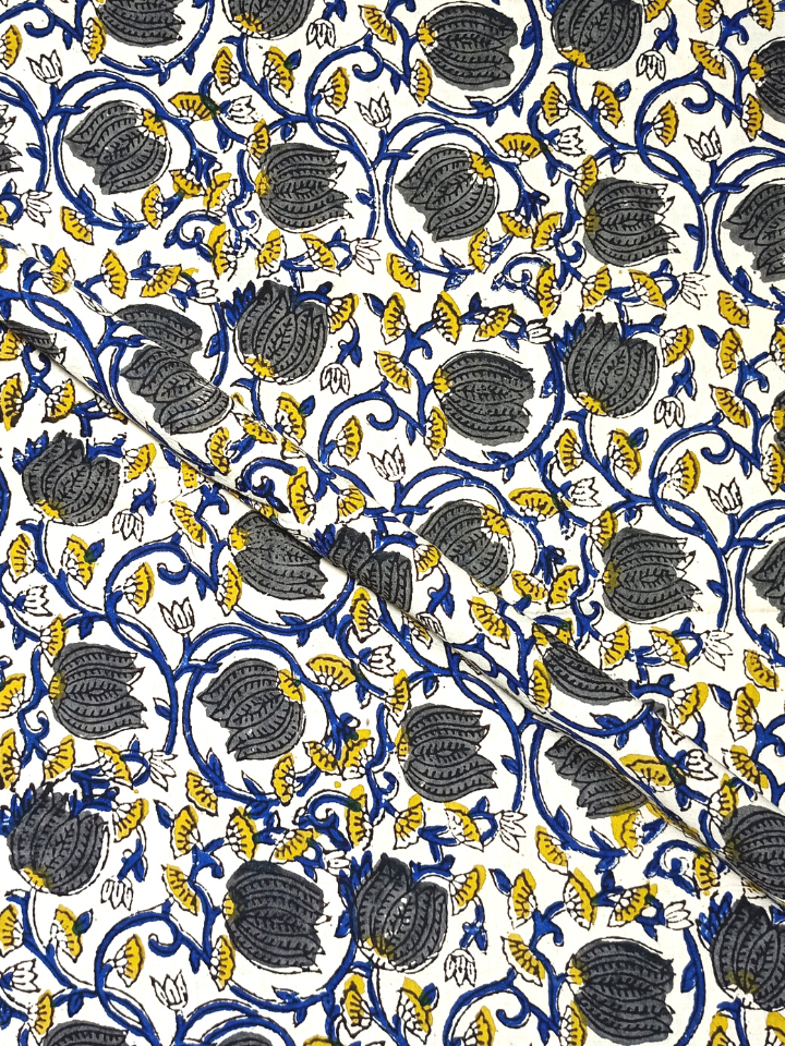 Bagru Kalamkari Grey Lotus Jaal Flower With Blue Root Print