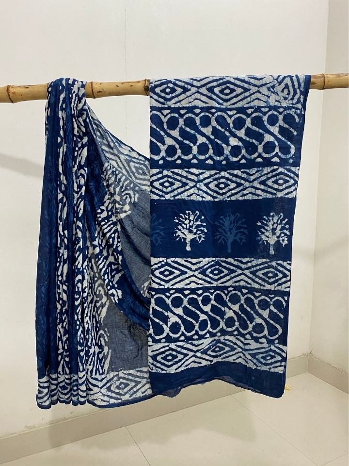 Sherka Kalamkari Jaal Chimki Mud Dabu Indigo Base With 3 Kaam Sakpara Border Hand Block Print