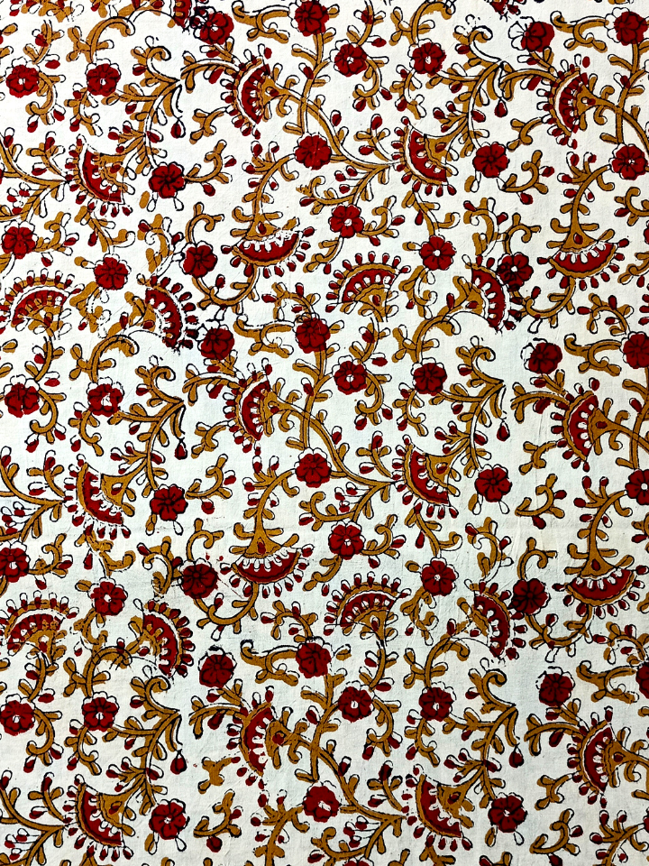 Bagru Floral Jaal 3 Kaam Base Red And Flower Yellow With Dark Grey Leave Colour Hand Block Print Fabric