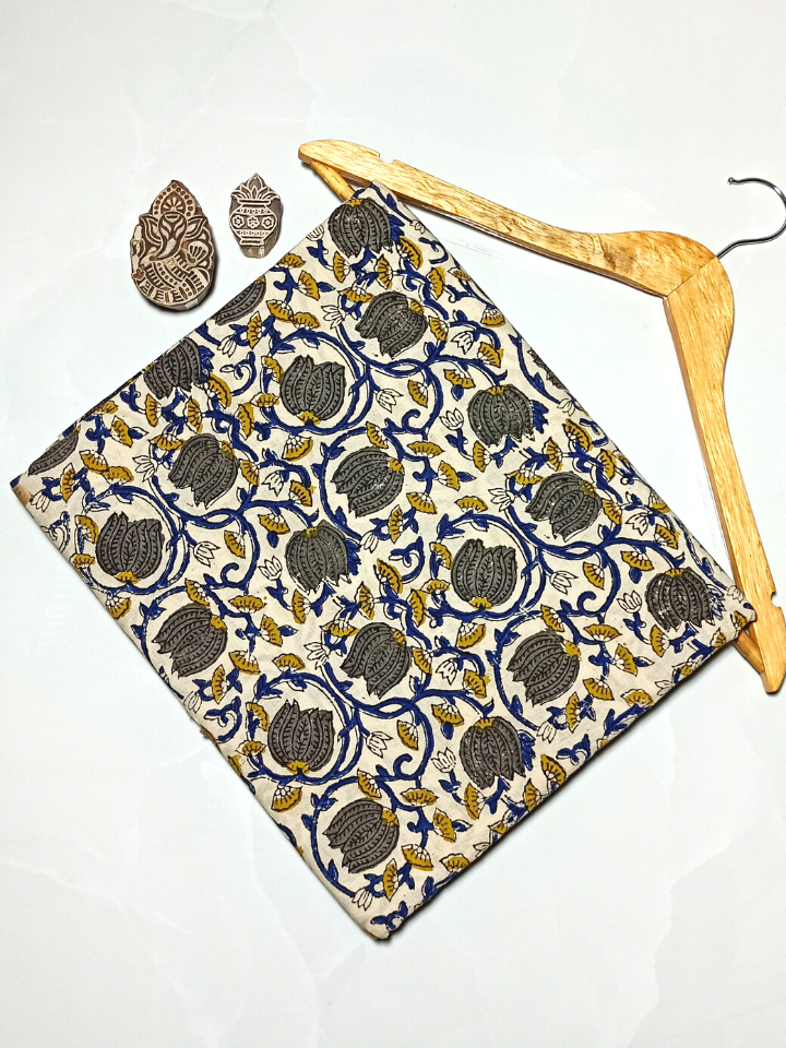 Bagru Kalamkari Grey Lotus Jaal Flower With Blue Root Print