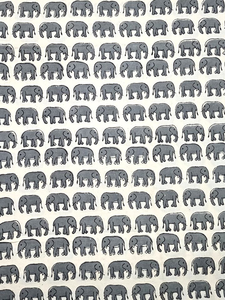 Bagru Hand Block Elephant Print Grey Color Motif Hand Block Print
