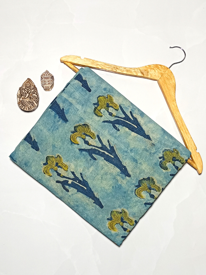 Ajrak Flower Butta Jaal With Indigo leaves Print