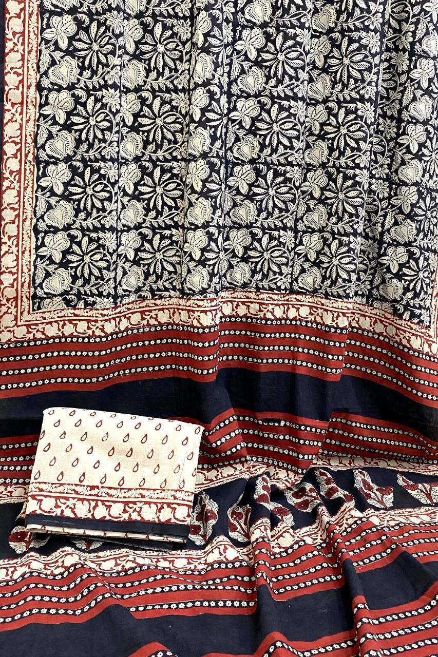 Bagru Kalamkari Floral Jaal Off Black Base With Red Flower Border Block Print Saree