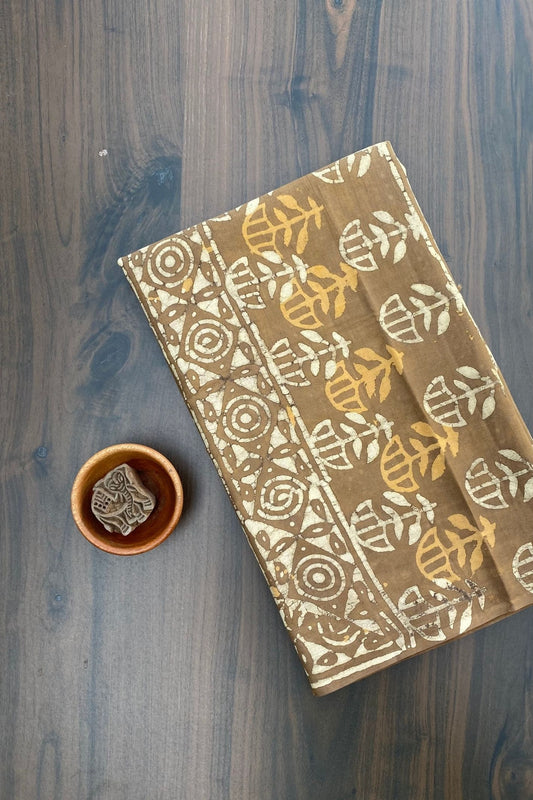 Danush Butti Jaal Brown Base With Mud Dabu Hand Block Print Saree