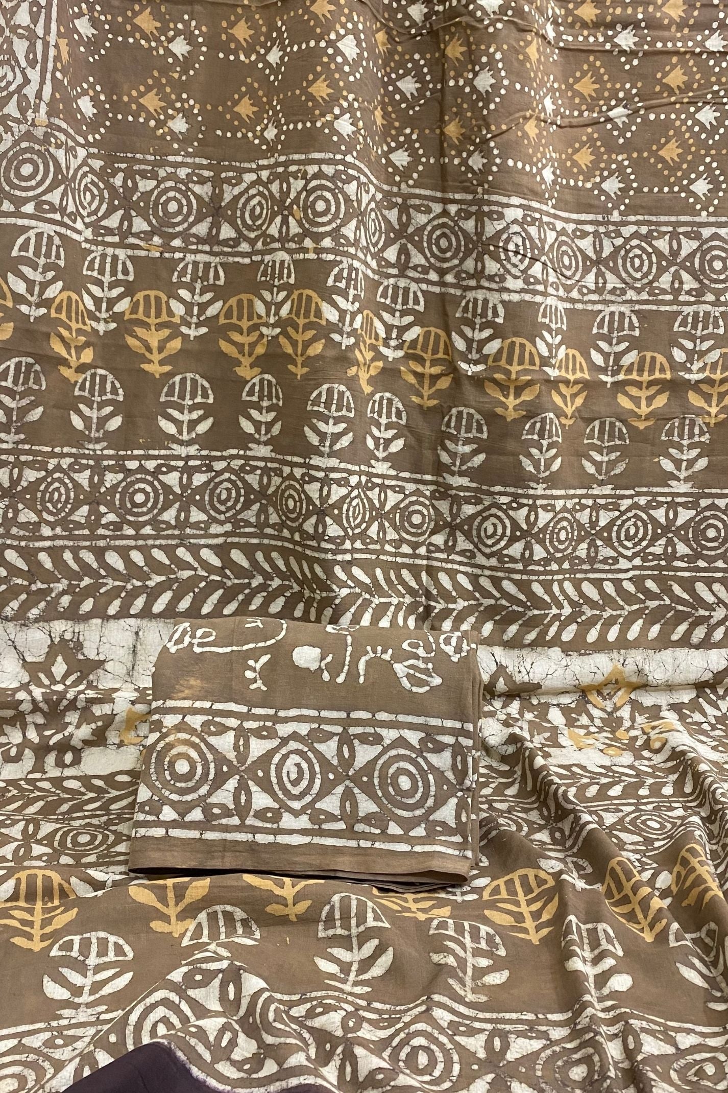 Danush Butti Jaal Brown Base With Mud Dabu Hand Block Print Saree
