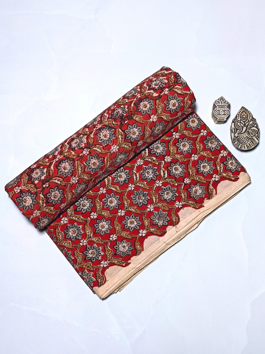 Bagru Kalamkari Grey Flower Floral With Mustrad Yellow Leave Print