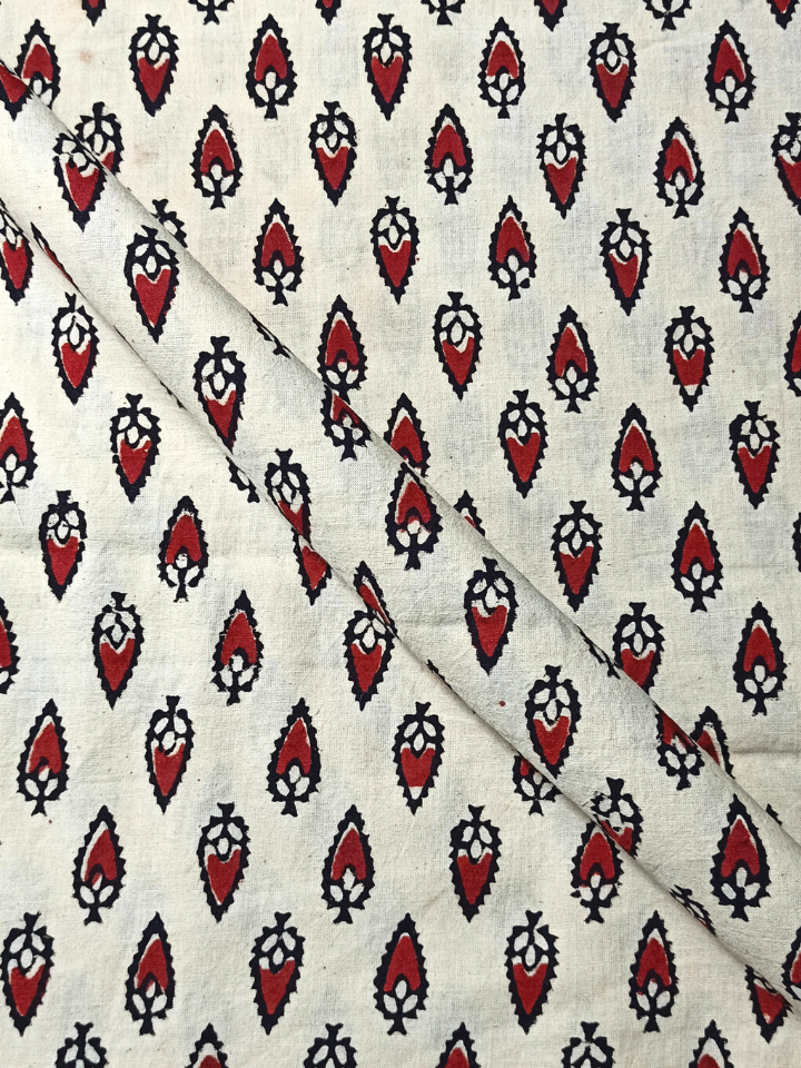 Bagru Single Motif Butta Base Cream Flower Grey And Leave Yellow Colour Hand Block Print Fabric