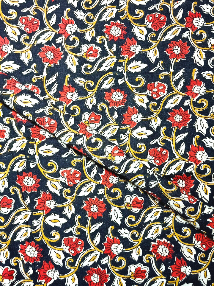 Floral Rose Bagru Kalamkari Jaal Base Red With Rose Yellow And Grey Colour Hand Block Print Fabric