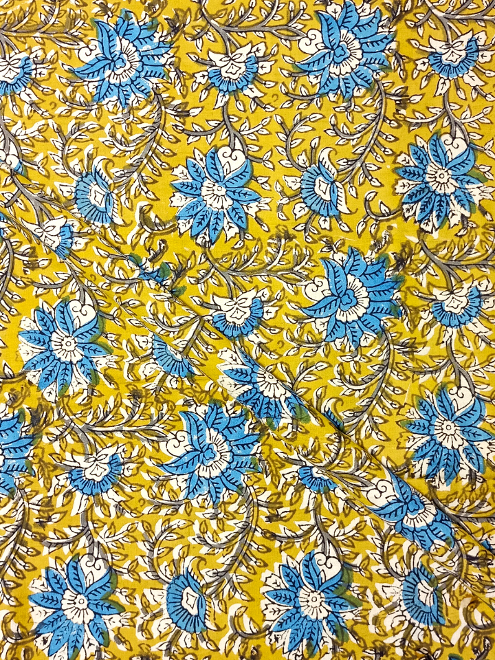 Flower Jaal Bagru Kalamkari Base Yellow , Flower Blue And Leave Off Yellow Colour Hand Block Print Fabric