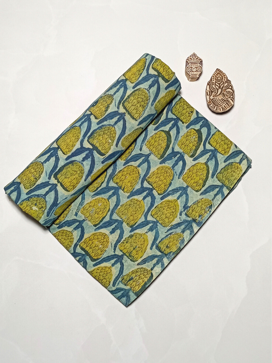 Ajrak Mustrad Yellow Flower Jaal With Indigo Leaves Print