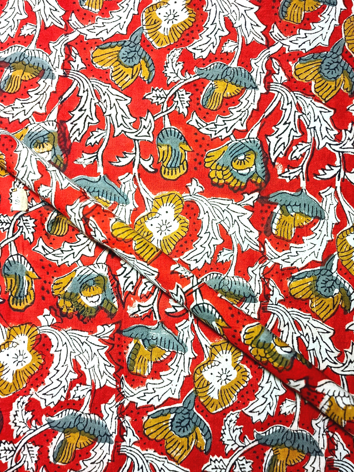 Kalamkari Lotus Jaal Bagru Motif Base Red Off White Lotus And Leave Off Yellow Colour Hand Block Print