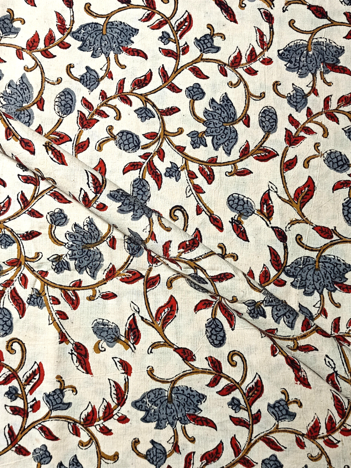 Bagru Kalamkari Flower Jaal Base Cream , Flower Grey With Red Leave Colour Block Print Fabric